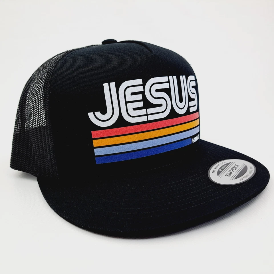 Retro Jesus King Flat Bill Trucker Hat