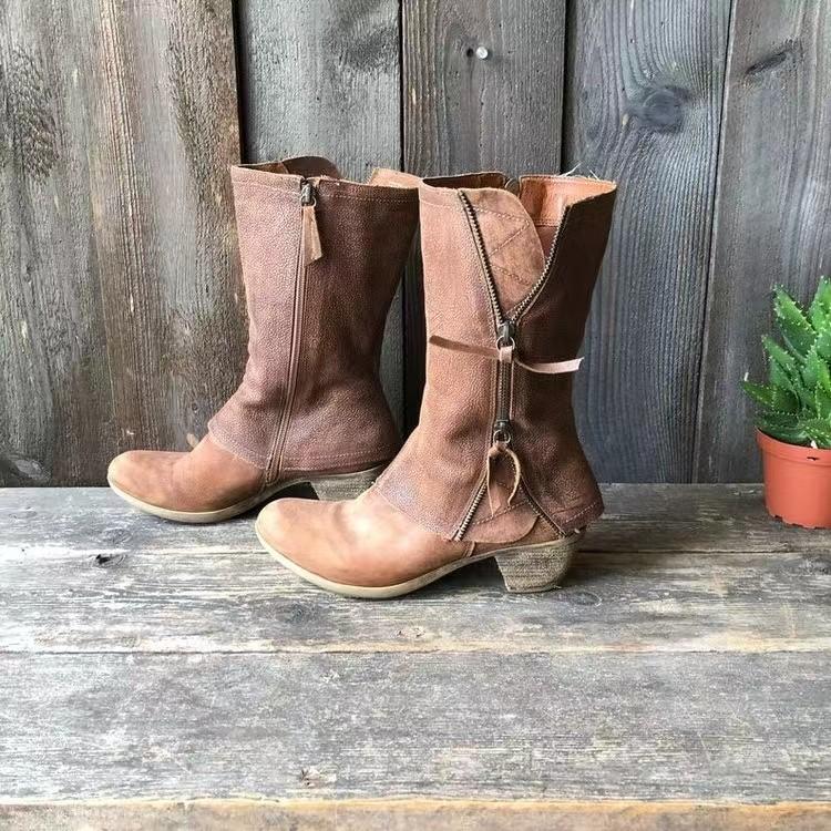 Women'S Medium Chunky Heel Side Zip Leather Boots