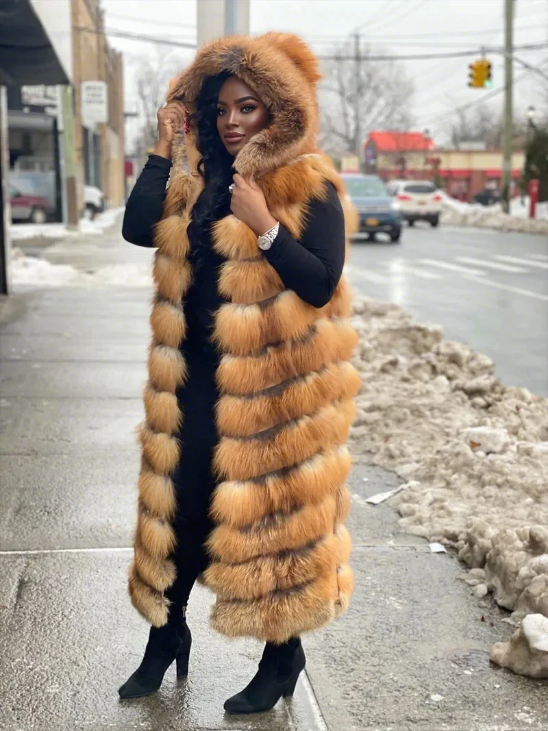 Long Red Fox Fur Vest With Hood