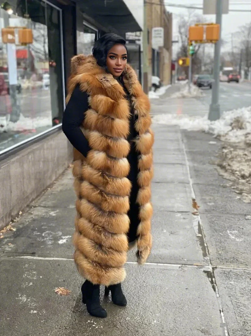 Long Red Fox Fur Vest With Hood