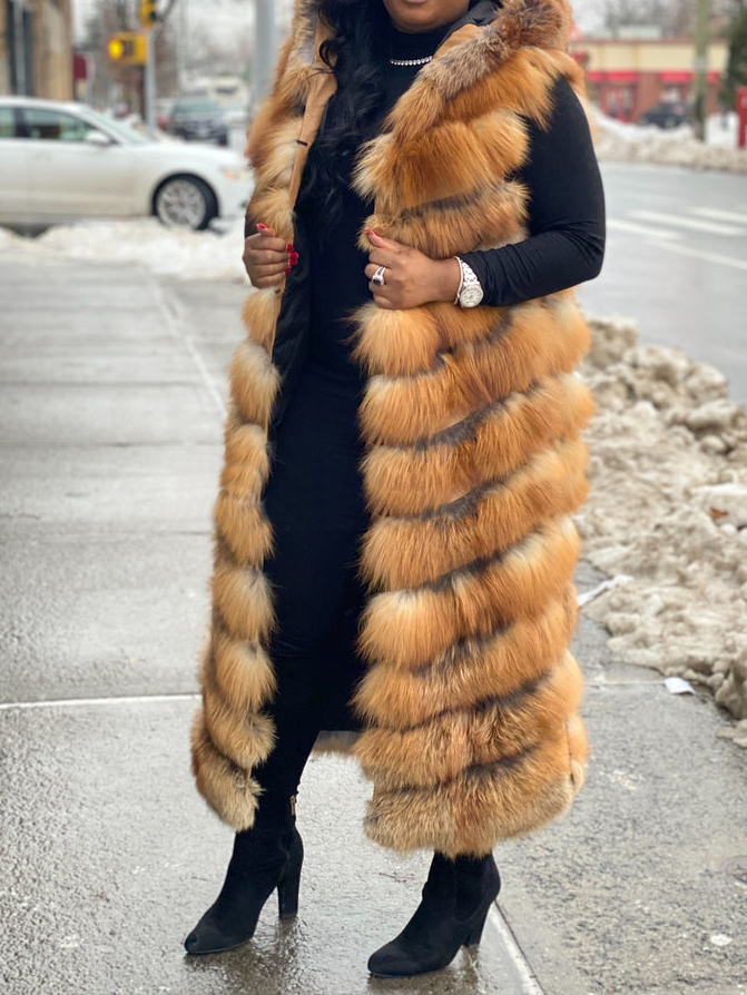 Long Red Fox Fur Vest With Hood