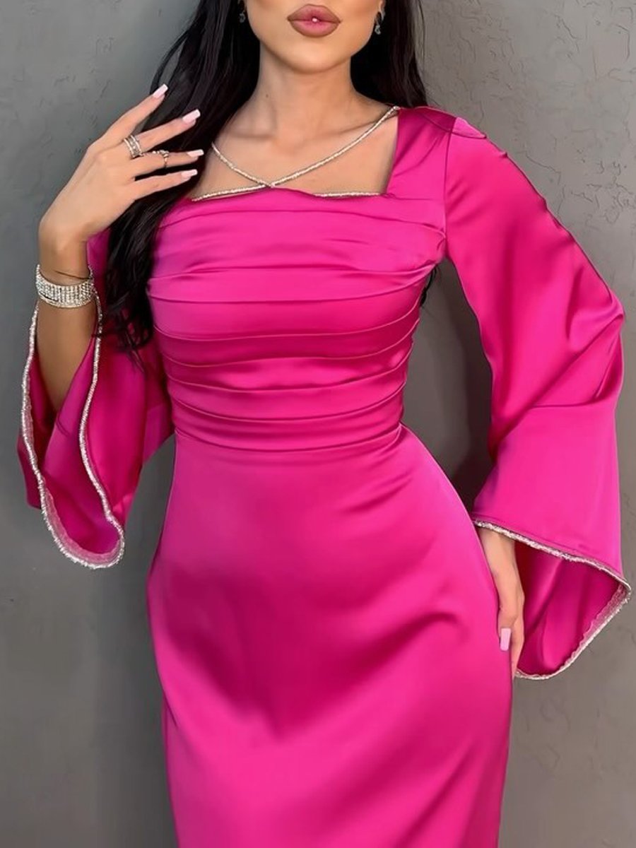 Rhinestone Sparkle Tie Up Long Sleeve Satin Slim-Fit Dress