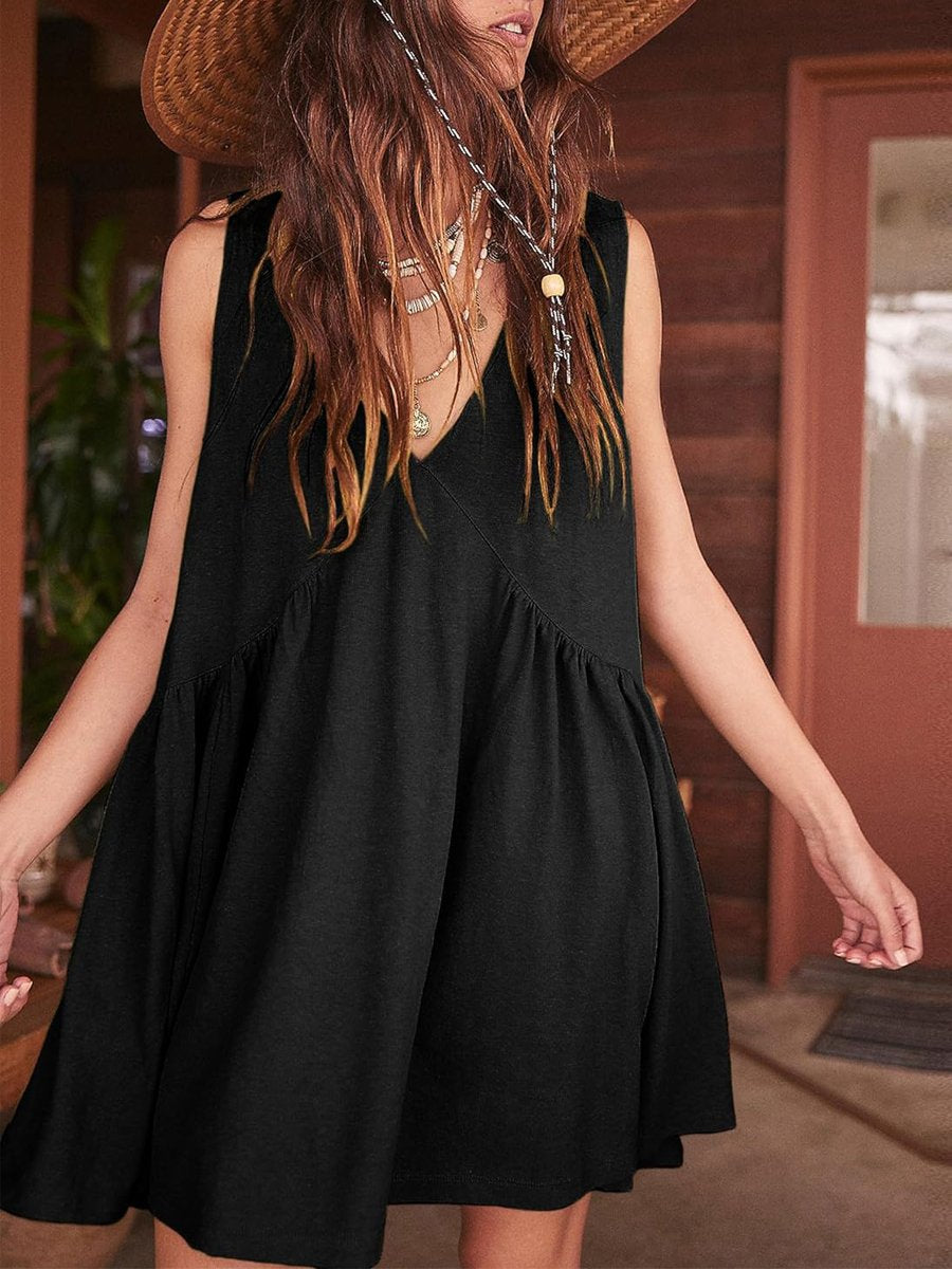 V Neck Sleeveless Pleated Vest Pocket Dress