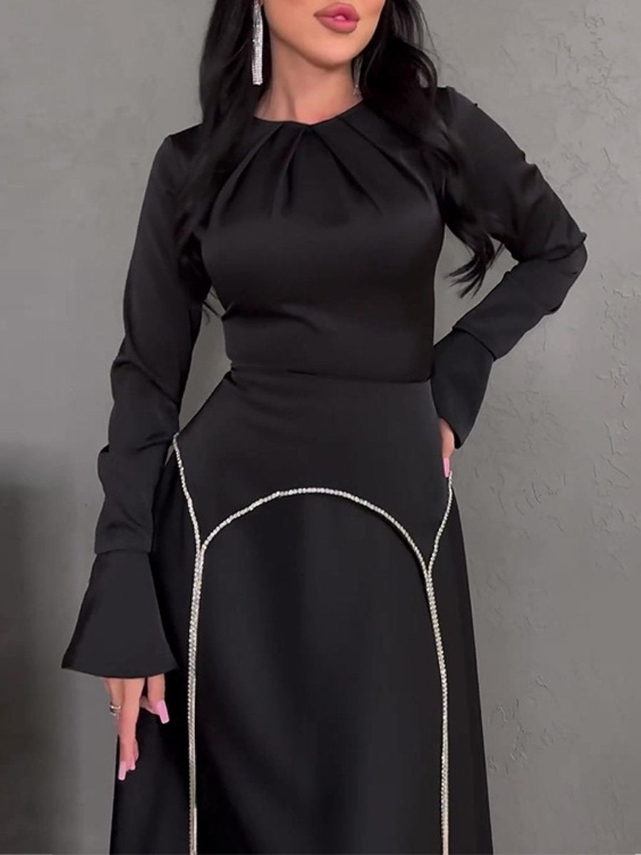 Solid Long Sleeve Diamond Chain-Waisted Dress