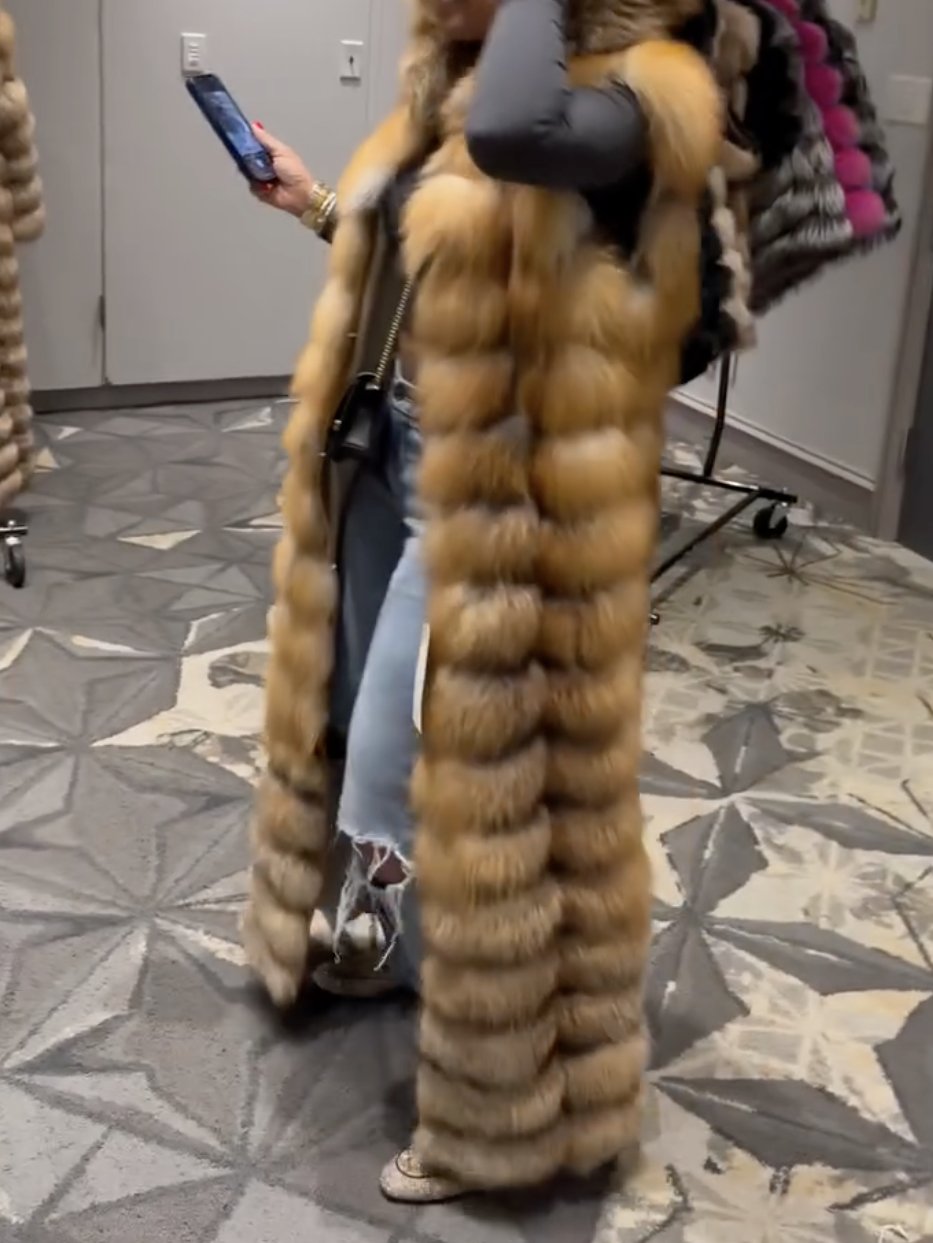 Long Red Fox Fur Vest With Hood