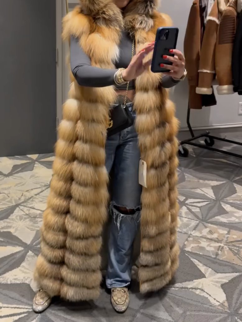 Long Red Fox Fur Vest With Hood