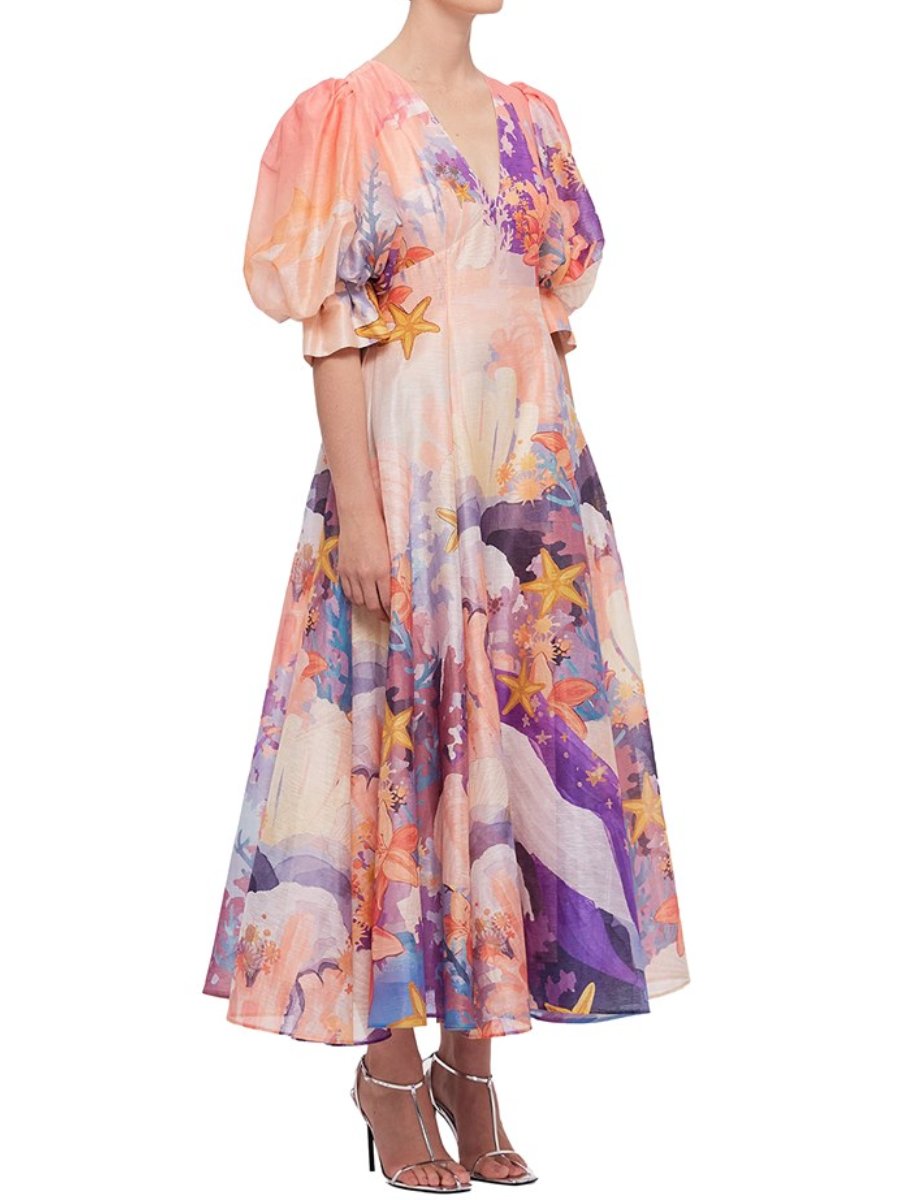 V-neckline Floral Midi Dress