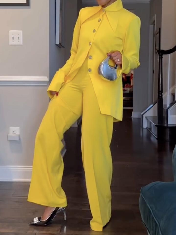 Yellow Lapel Blazer And Casual Pants