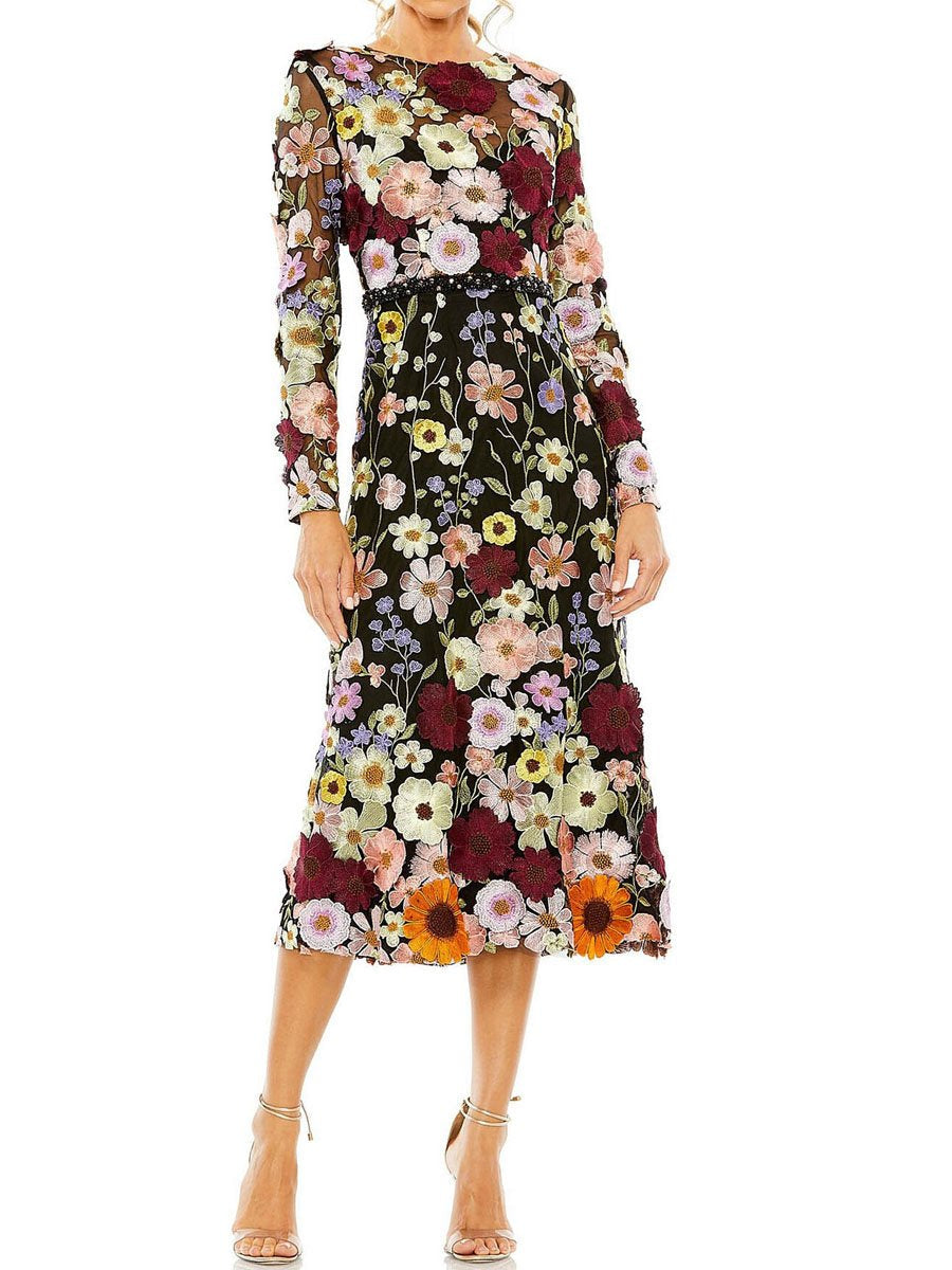 Floral Embroidered Boat Neckline See Through Long Sleeve Party Midi Dress