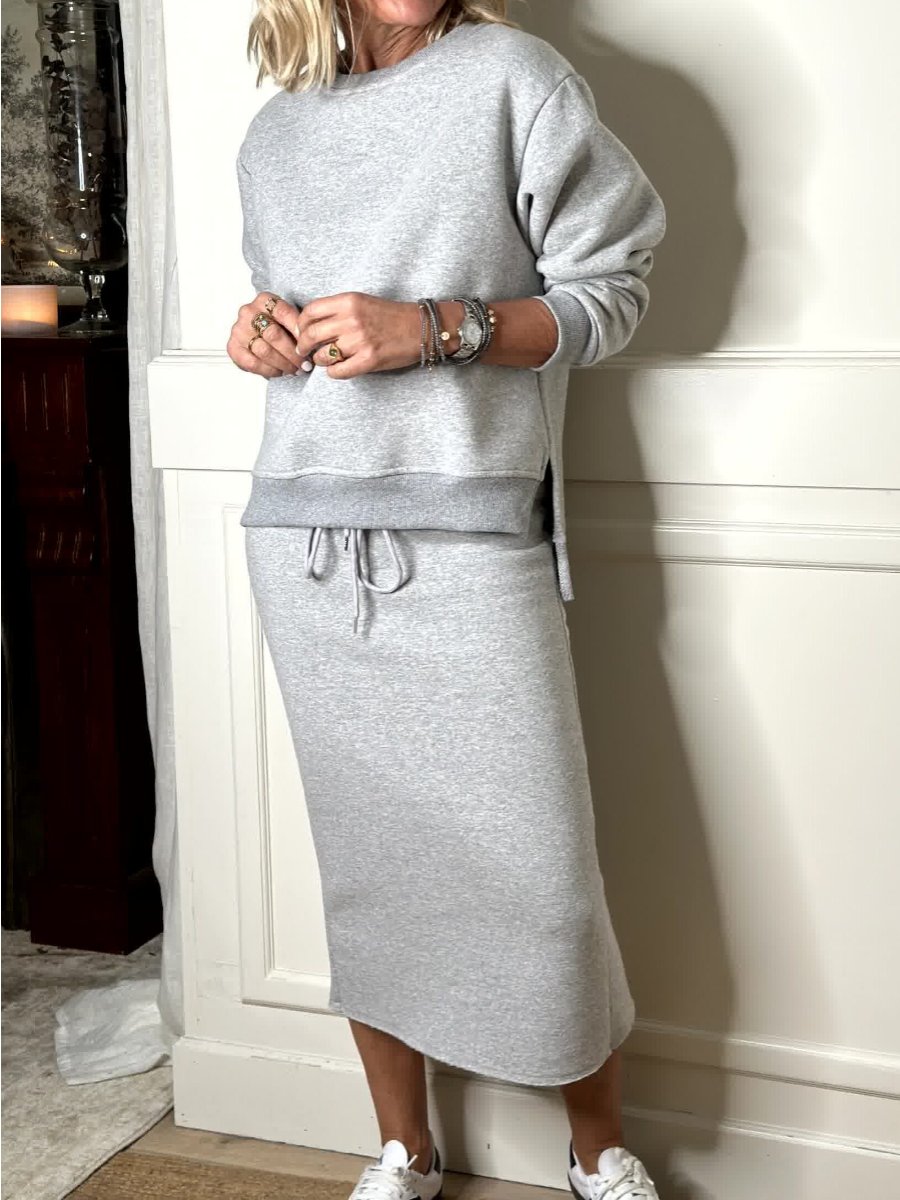 Long Sleeve Round Neck Solid Color Skirt Set