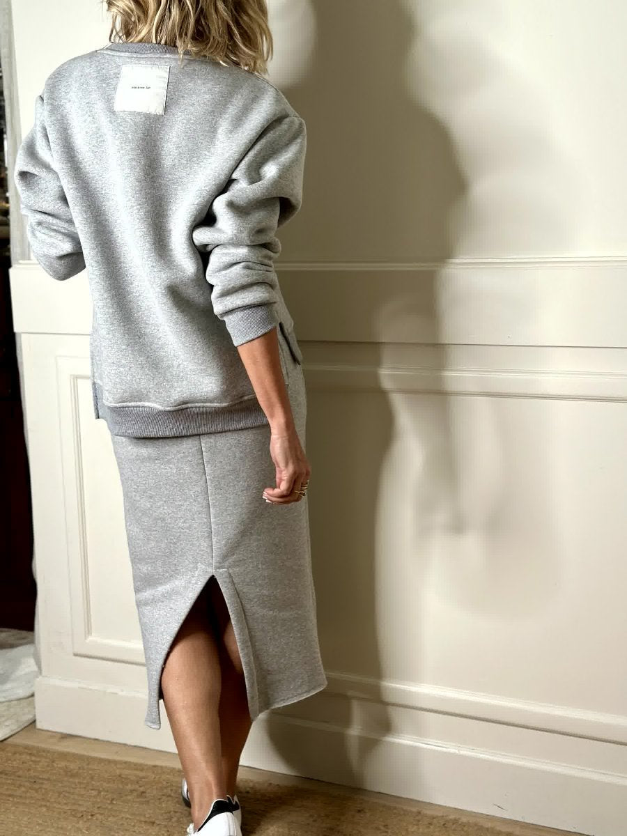 Long Sleeve Round Neck Solid Color Skirt Set